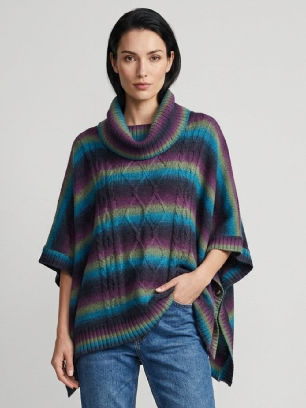 CABLE & GAUGE Multicolored Striped Cowl Neck Poncho Sweater Sz L/XL